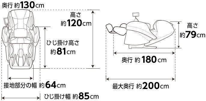 Kích thước thân máy: Chiều sâu khoảng 130 cm Chiều cao khoảng 120 cm Chiều cao tay vịn khoảng 81 cm Chiều rộng phần mặt đất khoảng 64 cm Chiều rộng tay vịn khoảng 85 cm Chiều cao khoảng